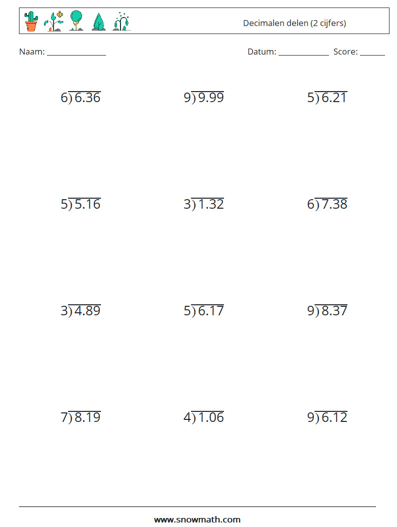 (12) Decimalen delen (2 cijfers) Wiskundige werkbladen 3