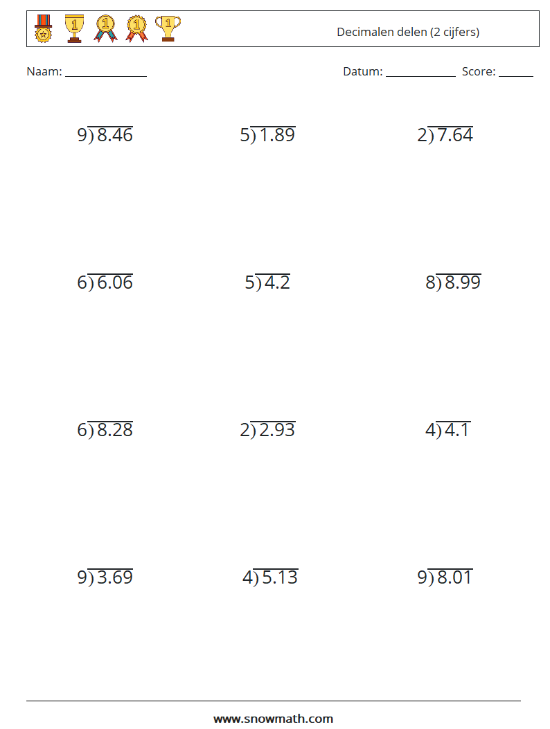 (12) Decimalen delen (2 cijfers) Wiskundige werkbladen 4