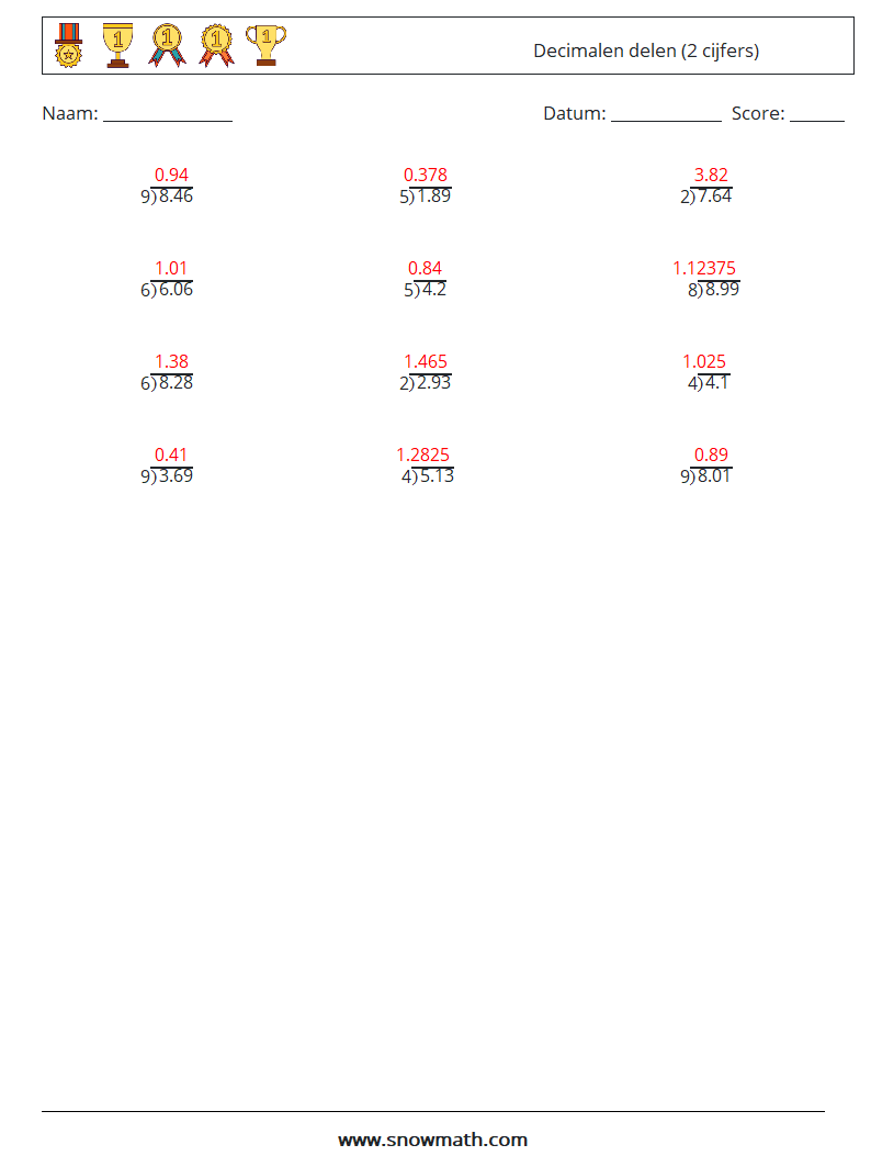 (12) Decimalen delen (2 cijfers) Wiskundige werkbladen 4 Vraag, Antwoord
