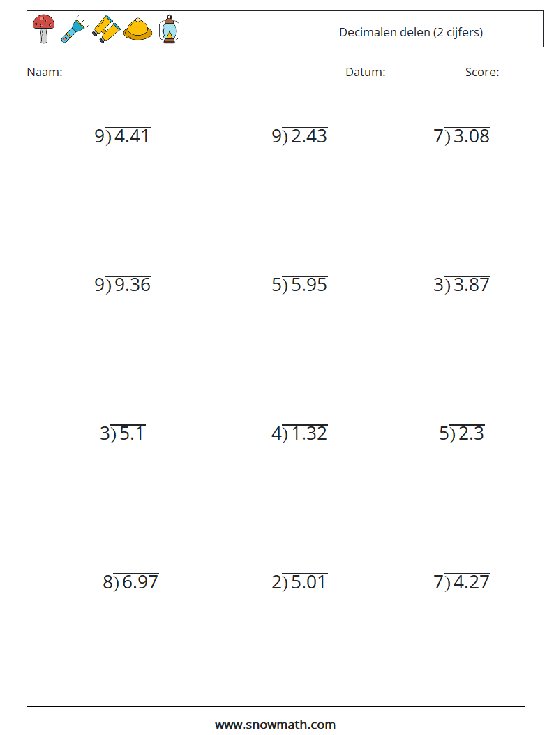 (12) Decimalen delen (2 cijfers) Wiskundige werkbladen 5