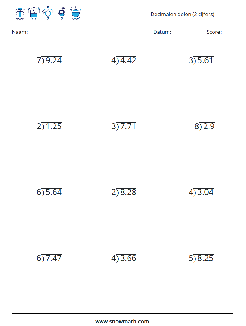 (12) Decimalen delen (2 cijfers) Wiskundige werkbladen 8