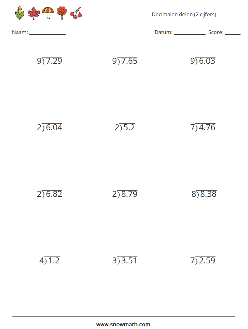 (12) Decimalen delen (2 cijfers) Wiskundige werkbladen 9