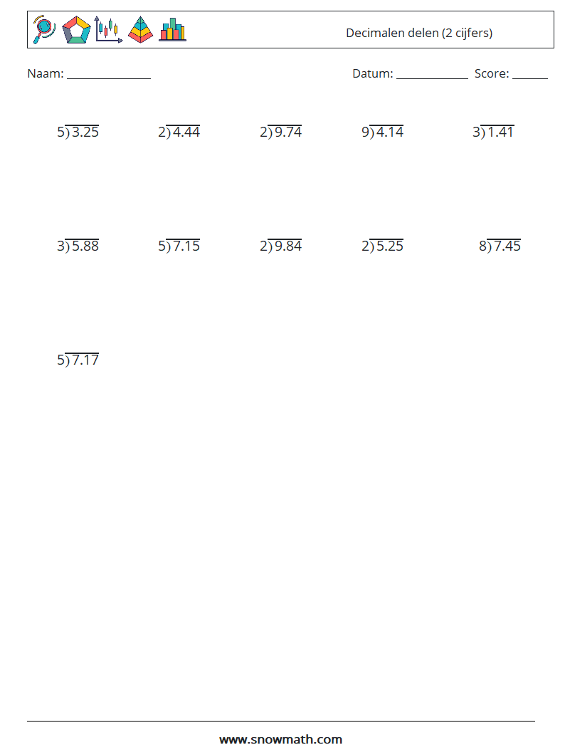 (25) Decimalen delen (2 cijfers) Wiskundige werkbladen 12