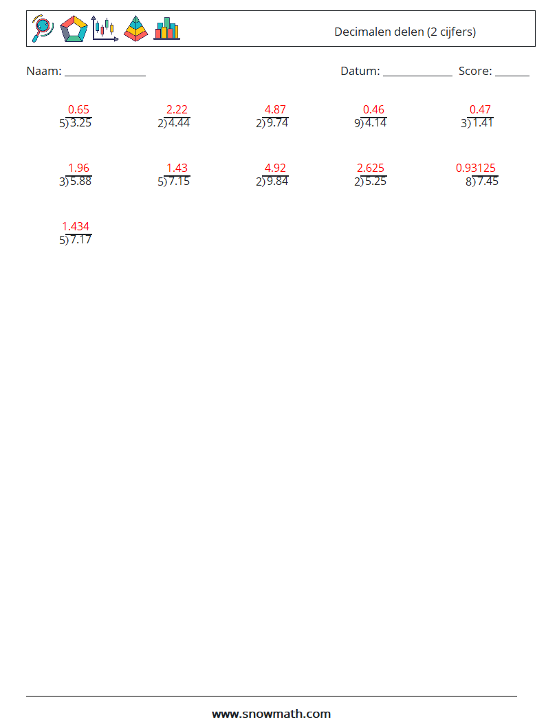 (25) Decimalen delen (2 cijfers) Wiskundige werkbladen 12 Vraag, Antwoord