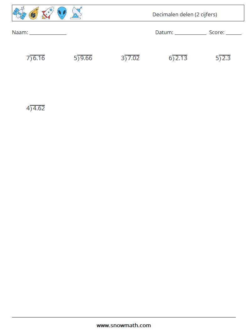 (25) Decimalen delen (2 cijfers) Wiskundige werkbladen 16