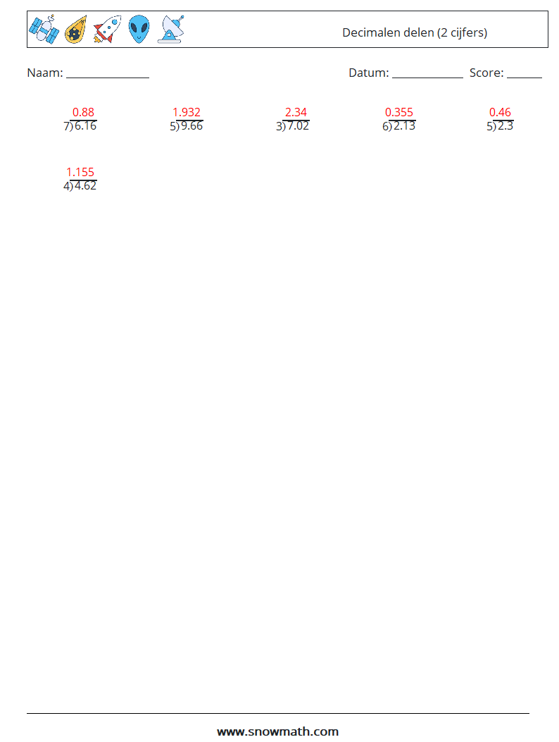 (25) Decimalen delen (2 cijfers) Wiskundige werkbladen 16 Vraag, Antwoord