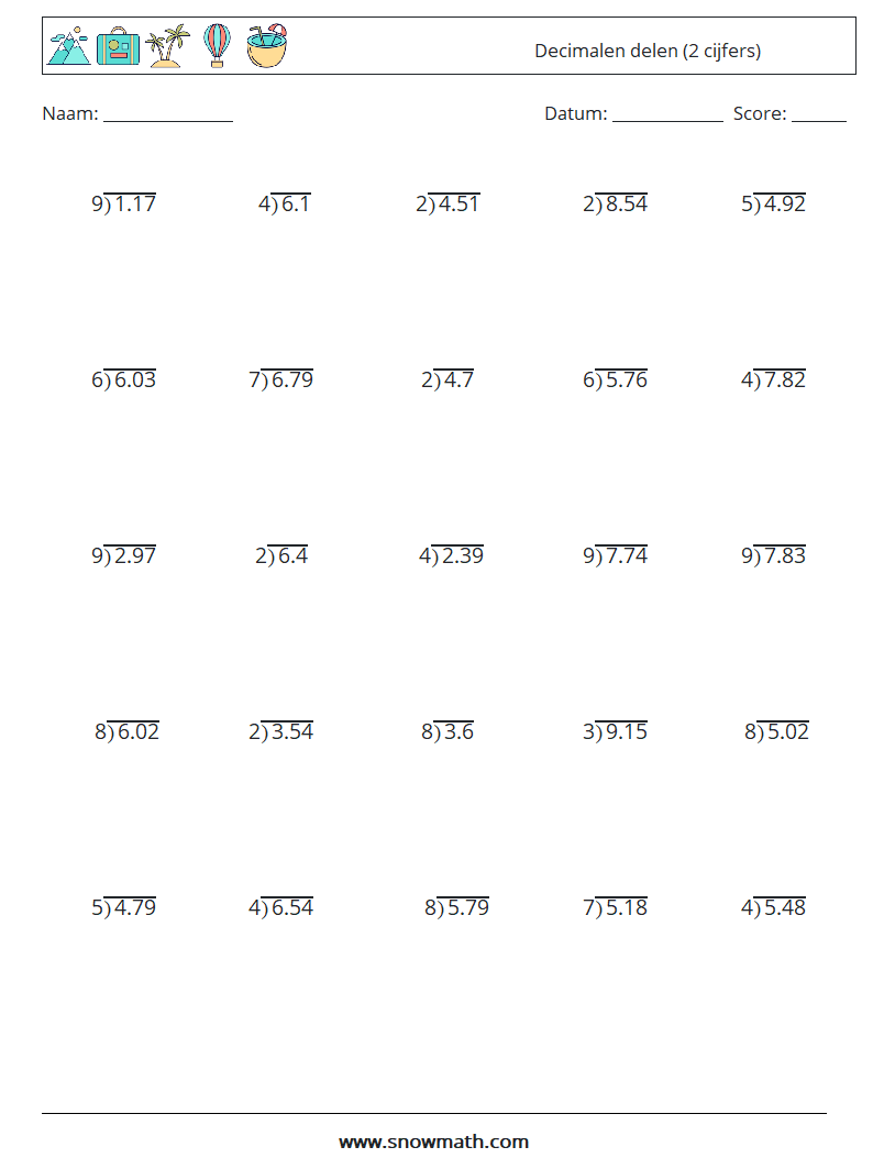 (25) Decimalen delen (2 cijfers) Wiskundige werkbladen 17