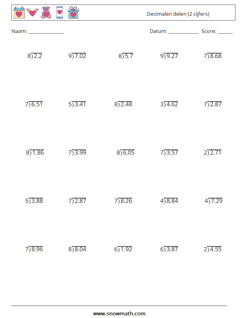 (25) Decimalen delen (2 cijfers) Wiskundige werkbladen 18