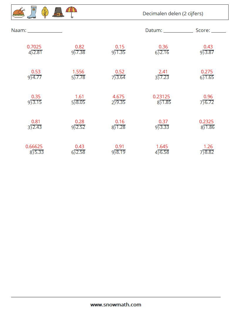 (25) Decimalen delen (2 cijfers) Wiskundige werkbladen 1 Vraag, Antwoord