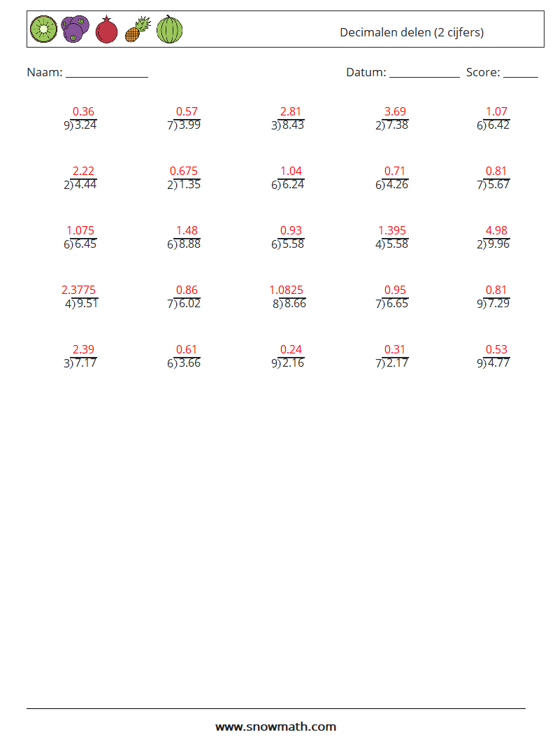 (25) Decimalen delen (2 cijfers) Wiskundige werkbladen 4 Vraag, Antwoord