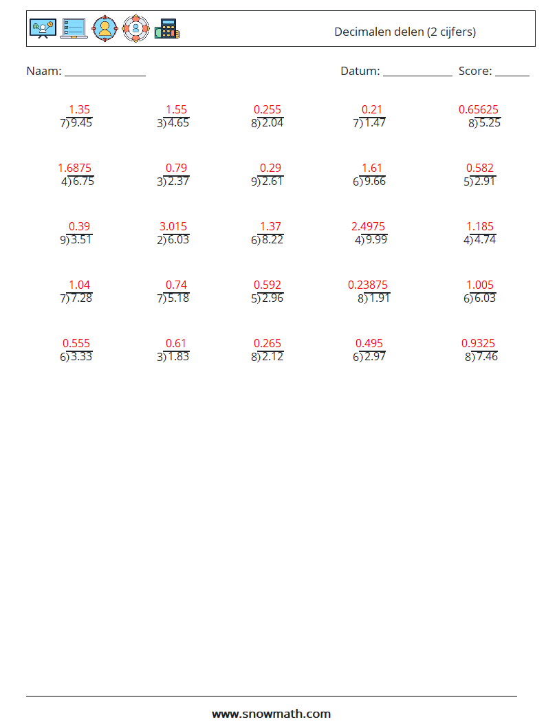 (25) Decimalen delen (2 cijfers) Wiskundige werkbladen 5 Vraag, Antwoord