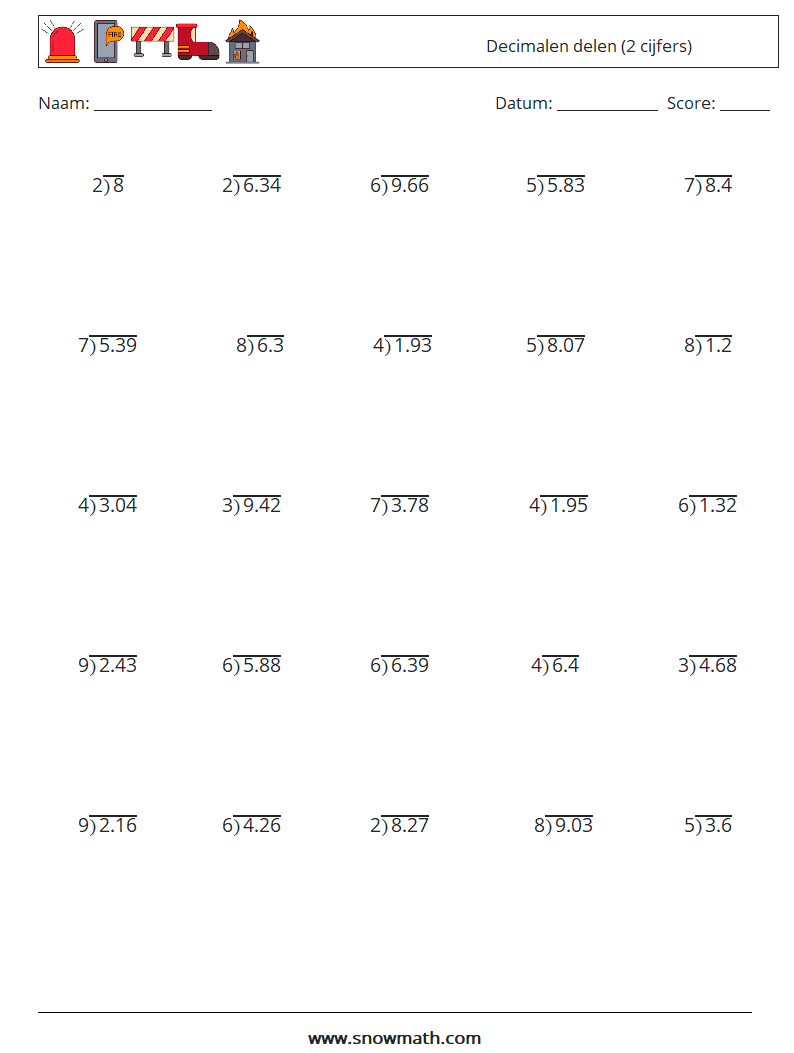 (25) Decimalen delen (2 cijfers) Wiskundige werkbladen 8
