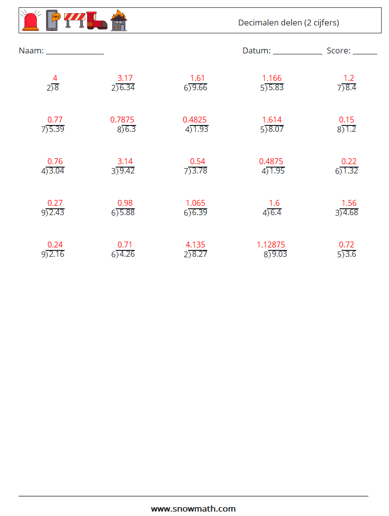 (25) Decimalen delen (2 cijfers) Wiskundige werkbladen 8 Vraag, Antwoord