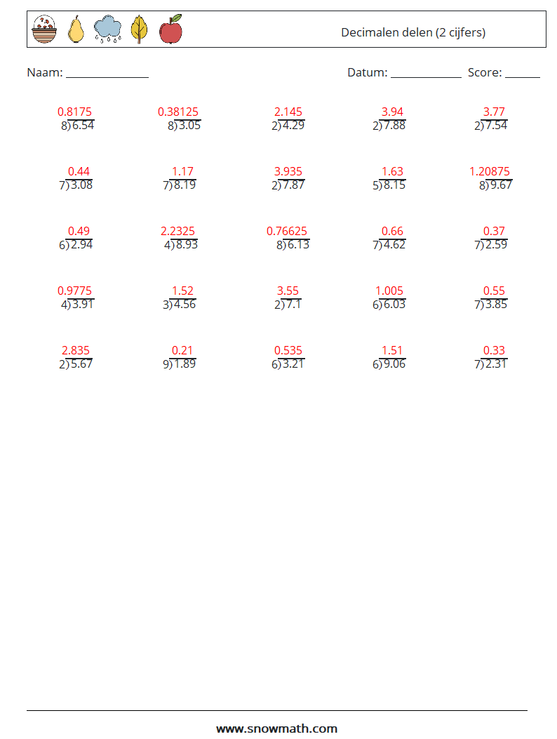 (25) Decimalen delen (2 cijfers) Wiskundige werkbladen 9 Vraag, Antwoord