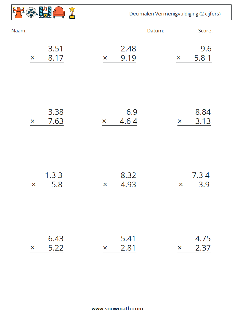 (12) Decimalen Vermenigvuldiging (2 cijfers)