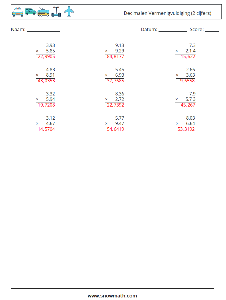 (12) Decimalen Vermenigvuldiging (2 cijfers) Wiskundige werkbladen 10 Vraag, Antwoord