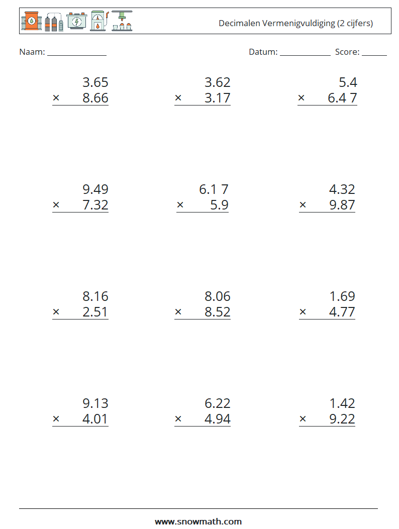 (12) Decimalen Vermenigvuldiging (2 cijfers) Wiskundige werkbladen 12