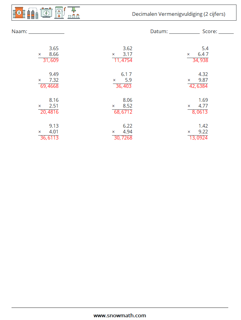 (12) Decimalen Vermenigvuldiging (2 cijfers) Wiskundige werkbladen 12 Vraag, Antwoord