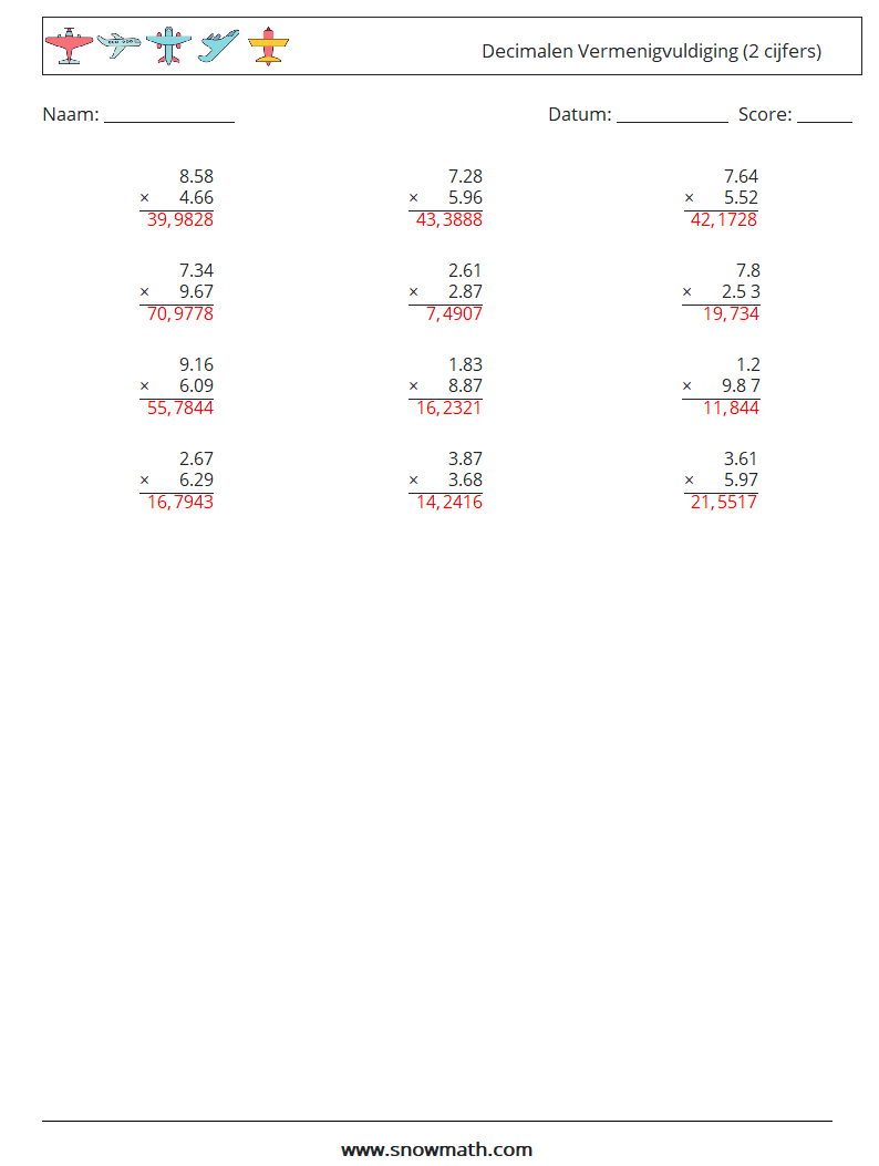 (12) Decimalen Vermenigvuldiging (2 cijfers) Wiskundige werkbladen 15 Vraag, Antwoord