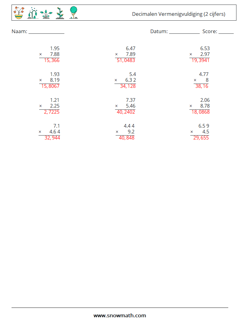 (12) Decimalen Vermenigvuldiging (2 cijfers) Wiskundige werkbladen 16 Vraag, Antwoord
