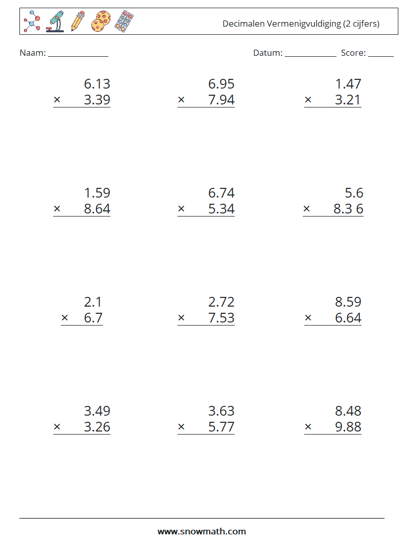 (12) Decimalen Vermenigvuldiging (2 cijfers) Wiskundige werkbladen 18