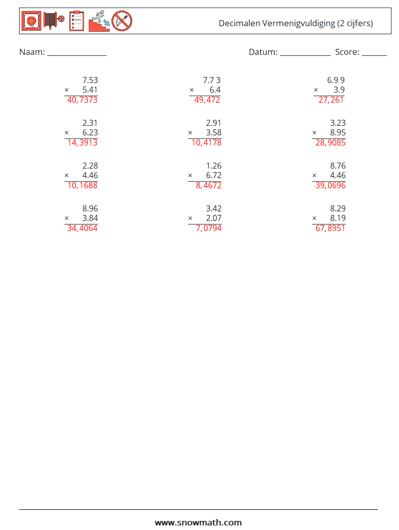 (12) Decimalen Vermenigvuldiging (2 cijfers) Wiskundige werkbladen 5 Vraag, Antwoord