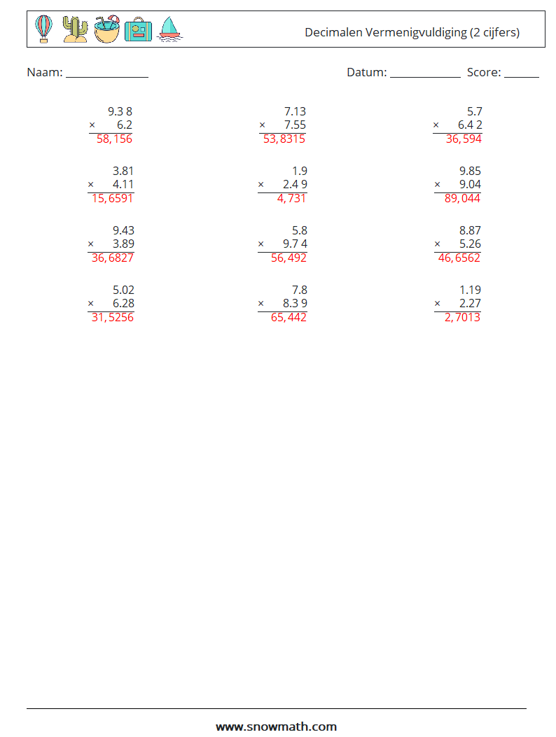 (12) Decimalen Vermenigvuldiging (2 cijfers) Wiskundige werkbladen 8 Vraag, Antwoord