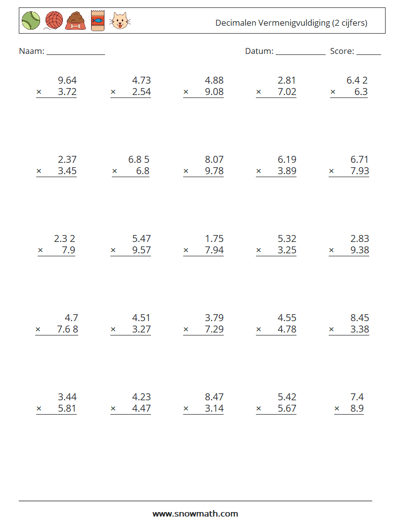 (25) Decimalen Vermenigvuldiging (2 cijfers)