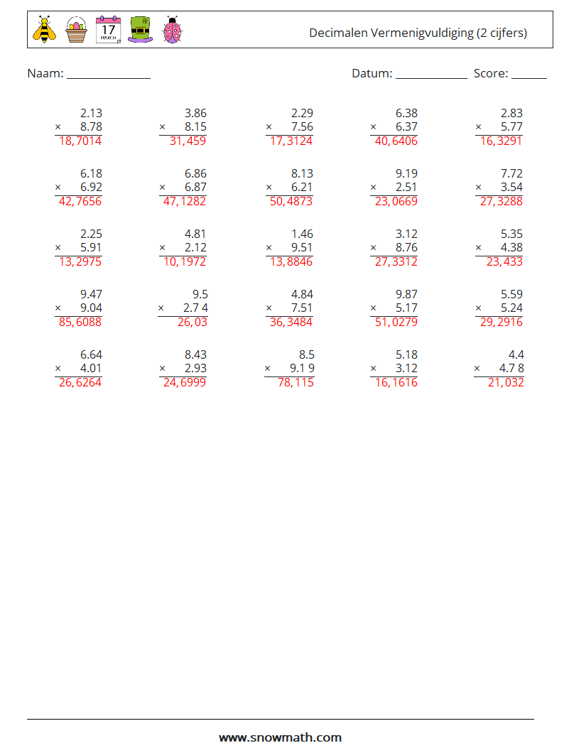 (25) Decimalen Vermenigvuldiging (2 cijfers) Wiskundige werkbladen 8 Vraag, Antwoord