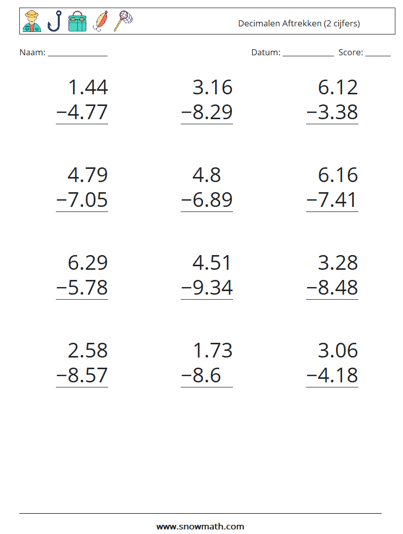 (12) Decimalen Aftrekken (2 cijfers) Wiskundige werkbladen 10