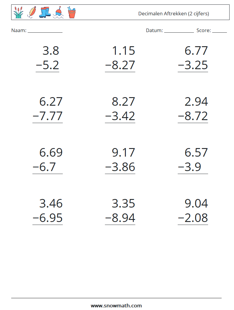 (12) Decimalen Aftrekken (2 cijfers) Wiskundige werkbladen 11