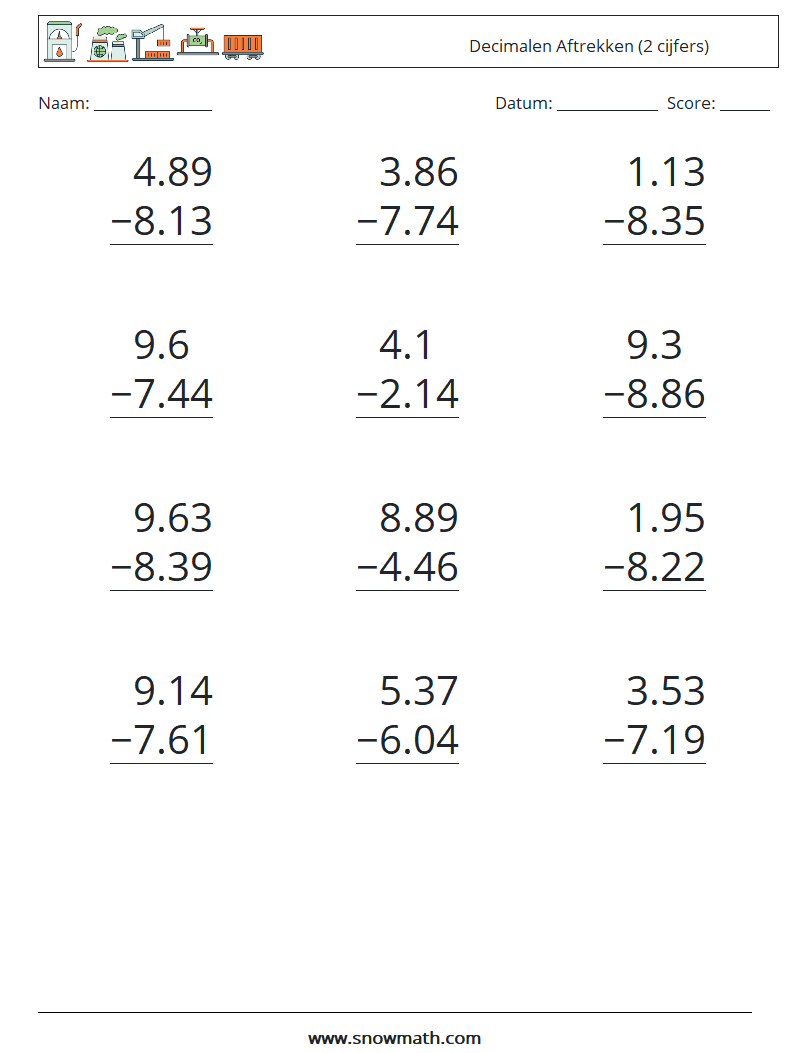 (12) Decimalen Aftrekken (2 cijfers) Wiskundige werkbladen 12
