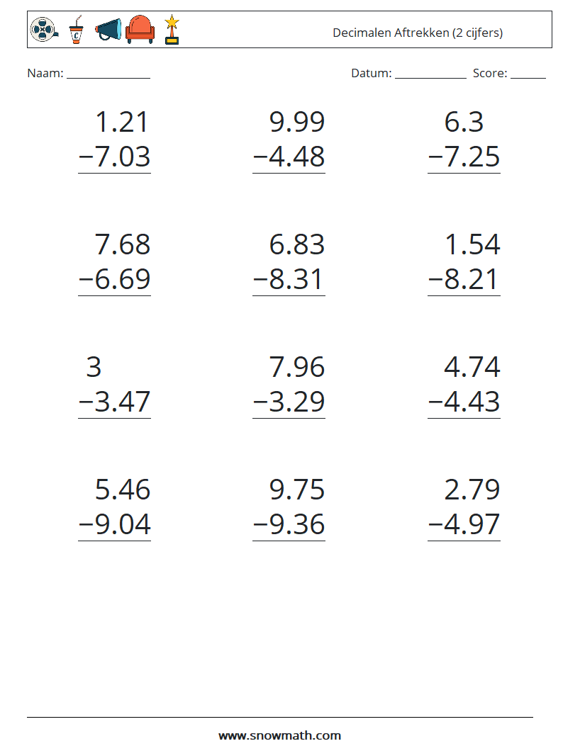 (12) Decimalen Aftrekken (2 cijfers) Wiskundige werkbladen 15