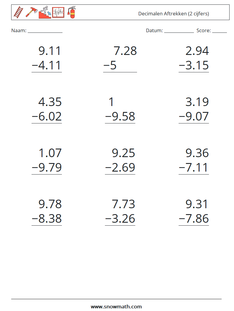 (12) Decimalen Aftrekken (2 cijfers) Wiskundige werkbladen 16