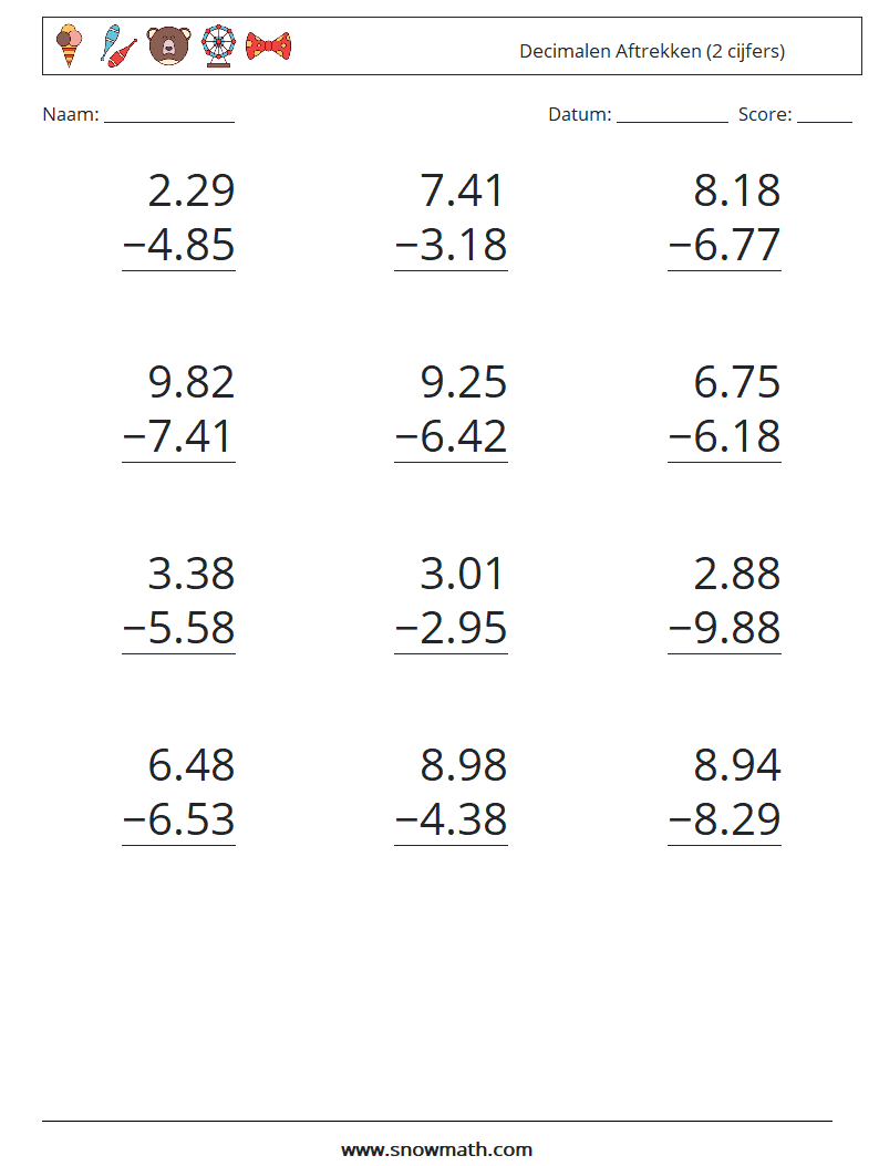 (12) Decimalen Aftrekken (2 cijfers) Wiskundige werkbladen 17