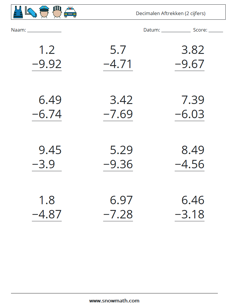 (12) Decimalen Aftrekken (2 cijfers) Wiskundige werkbladen 18