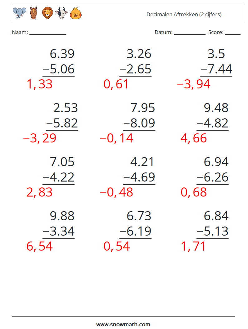 (12) Decimalen Aftrekken (2 cijfers) Wiskundige werkbladen 1 Vraag, Antwoord