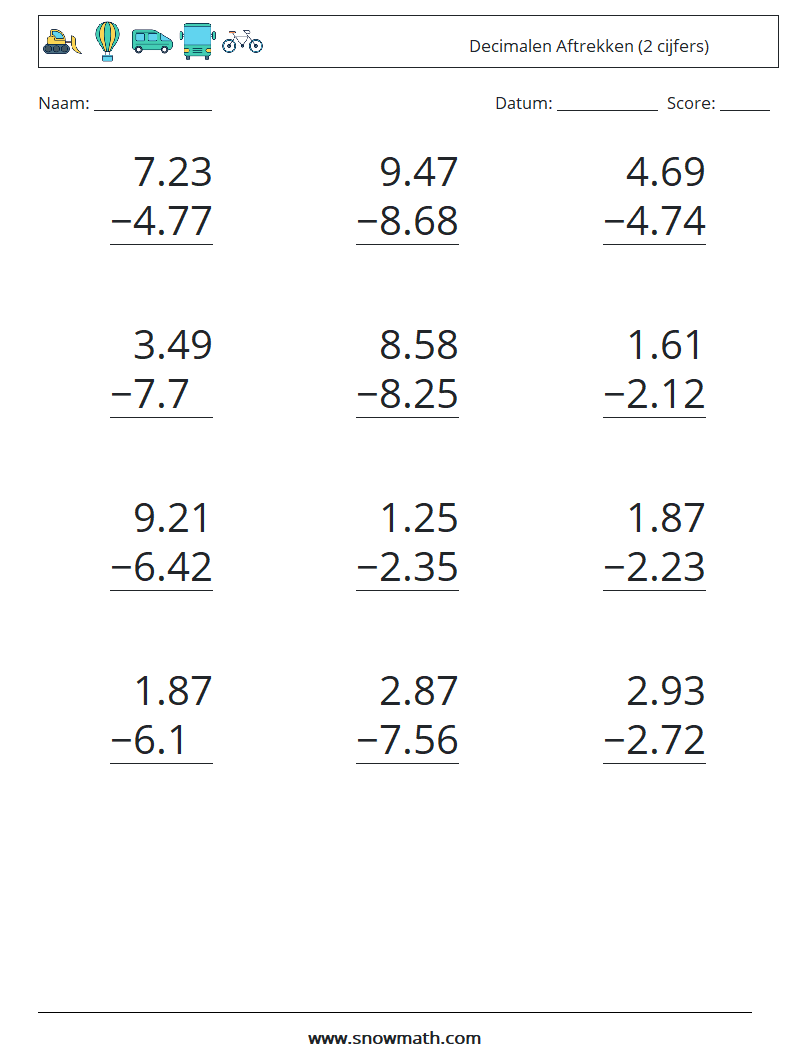 (12) Decimalen Aftrekken (2 cijfers) Wiskundige werkbladen 3