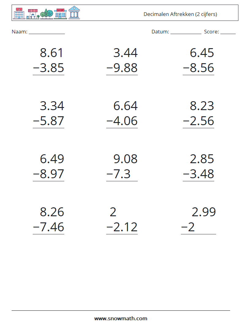 (12) Decimalen Aftrekken (2 cijfers) Wiskundige werkbladen 4