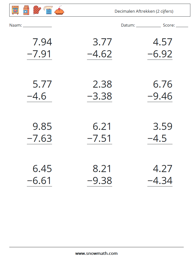 (12) Decimalen Aftrekken (2 cijfers) Wiskundige werkbladen 5