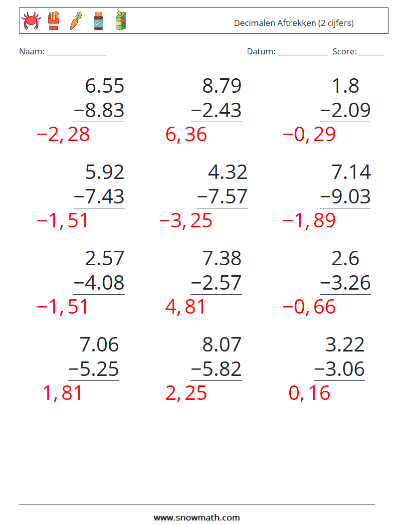 (12) Decimalen Aftrekken (2 cijfers) Wiskundige werkbladen 6 Vraag, Antwoord