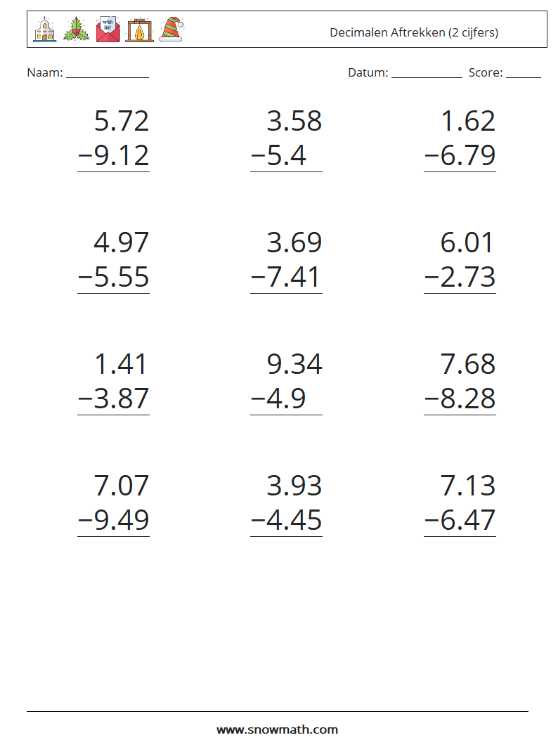 (12) Decimalen Aftrekken (2 cijfers) Wiskundige werkbladen 8