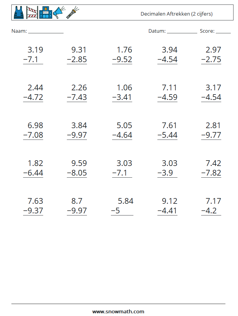 (25) Decimalen Aftrekken (2 cijfers)