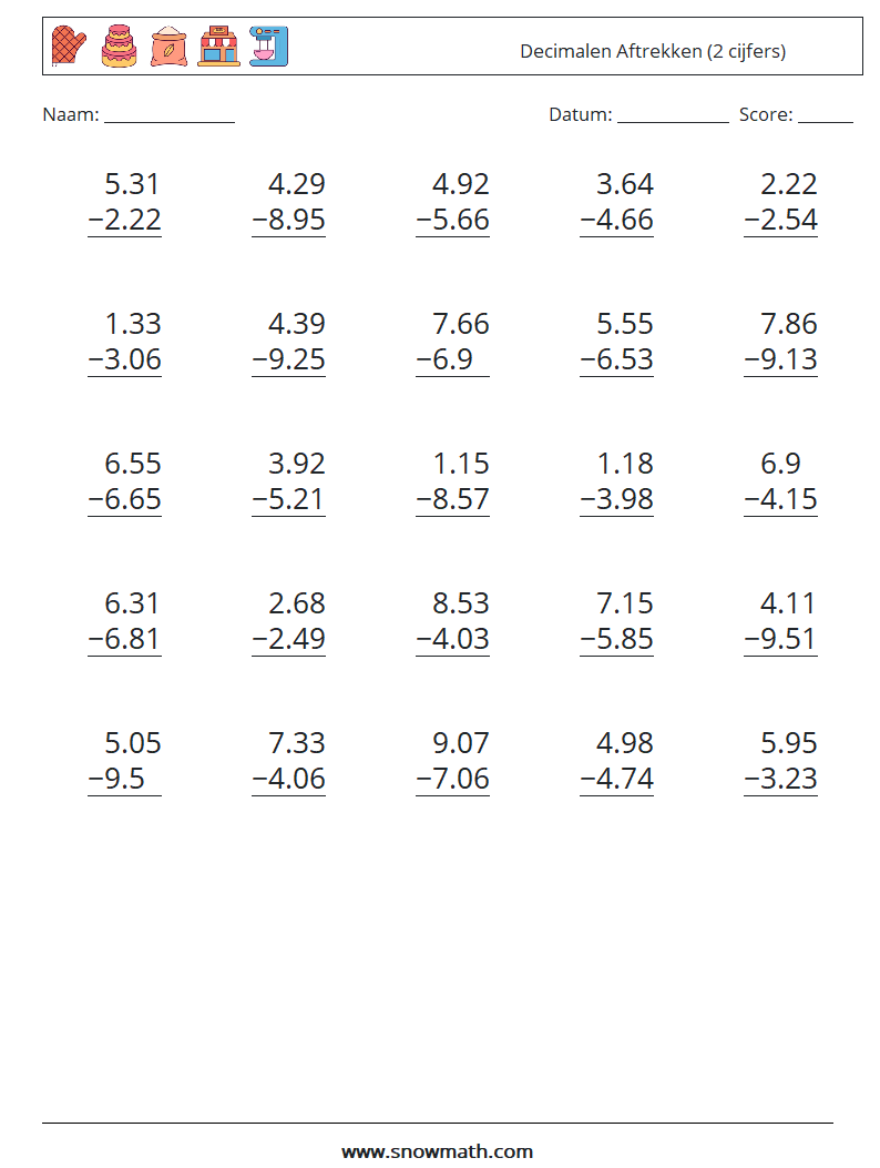 (25) Decimalen Aftrekken (2 cijfers) Wiskundige werkbladen 10