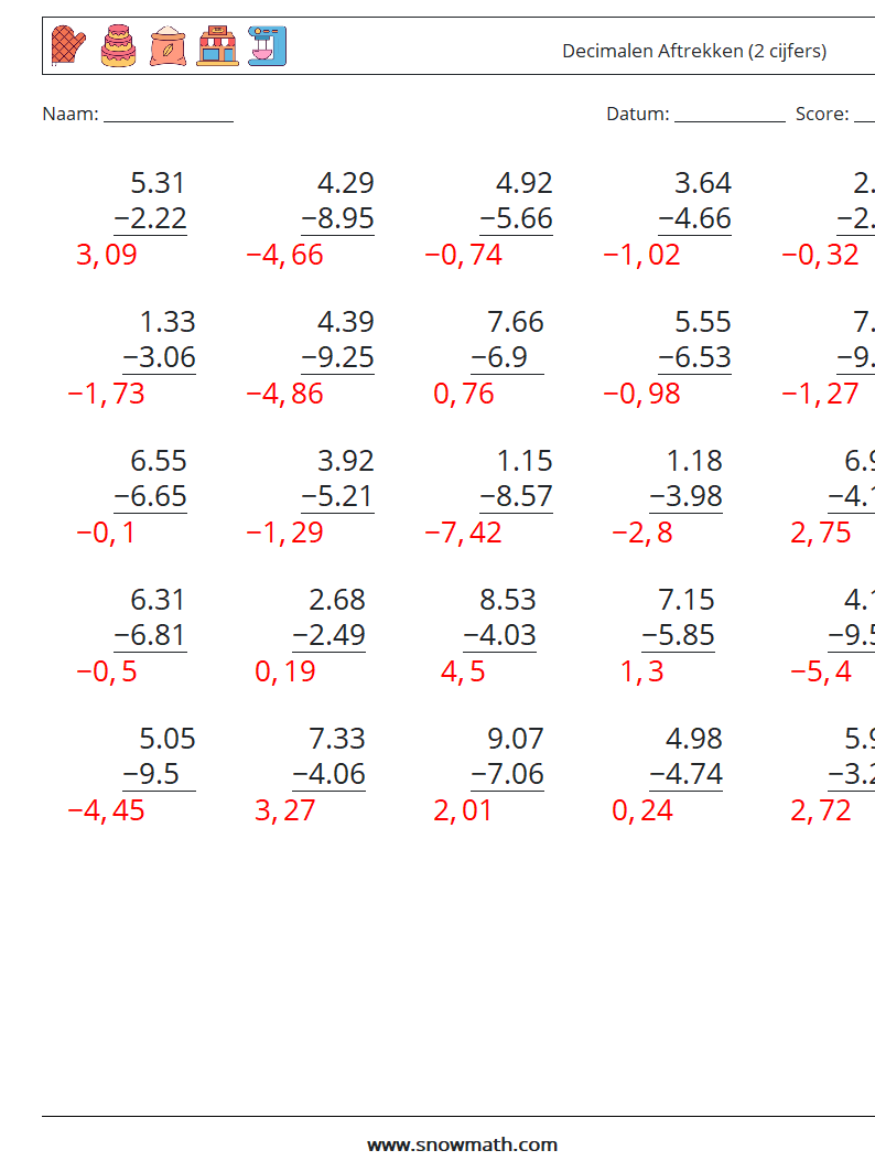 (25) Decimalen Aftrekken (2 cijfers) Wiskundige werkbladen 10 Vraag, Antwoord