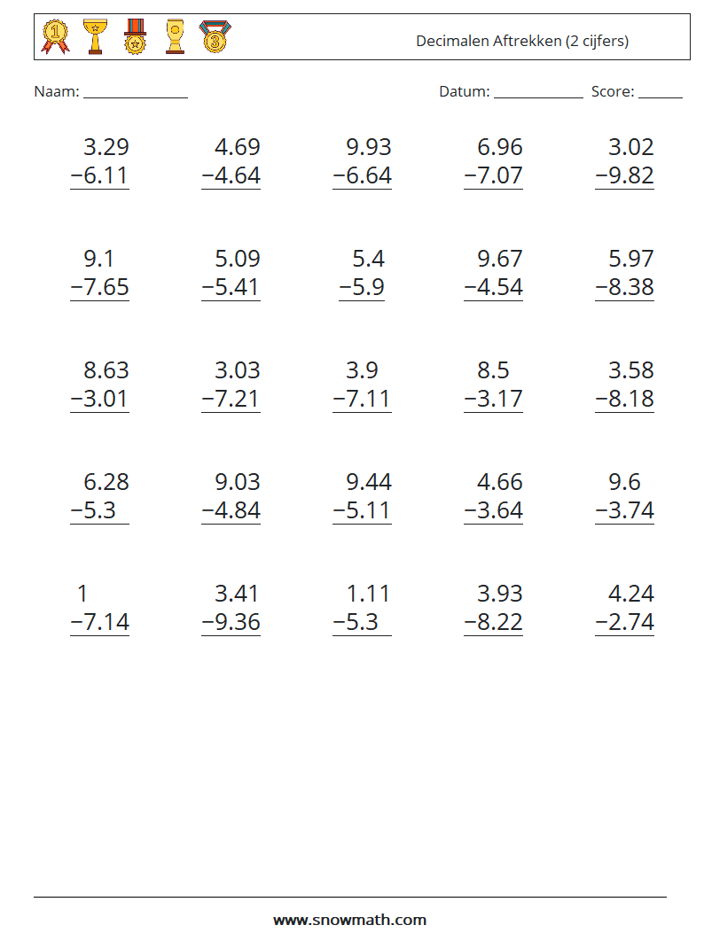 (25) Decimalen Aftrekken (2 cijfers) Wiskundige werkbladen 11