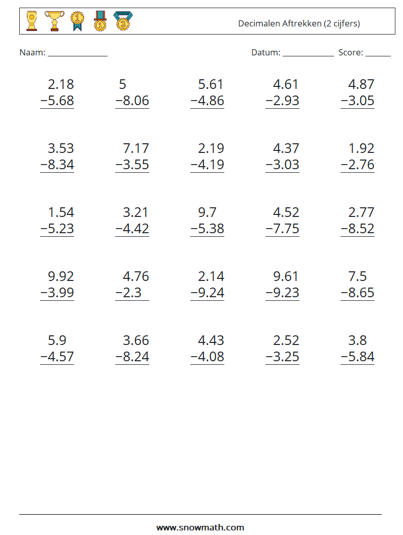 (25) Decimalen Aftrekken (2 cijfers) Wiskundige werkbladen 12