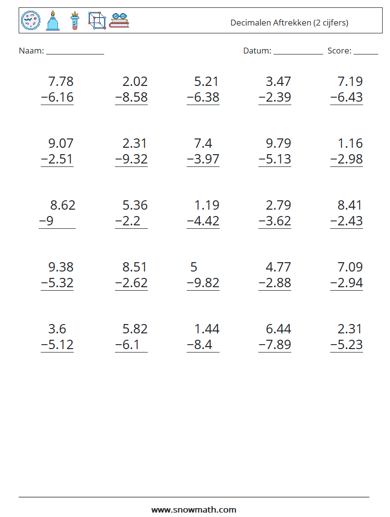 (25) Decimalen Aftrekken (2 cijfers) Wiskundige werkbladen 13