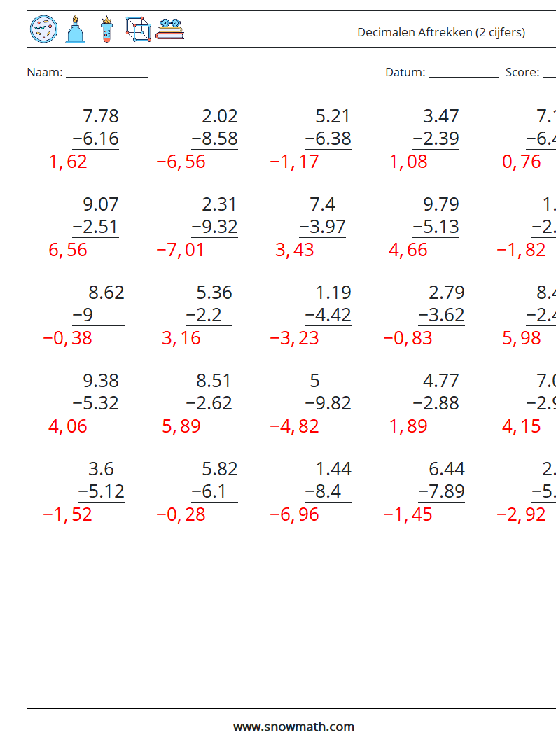 (25) Decimalen Aftrekken (2 cijfers) Wiskundige werkbladen 13 Vraag, Antwoord