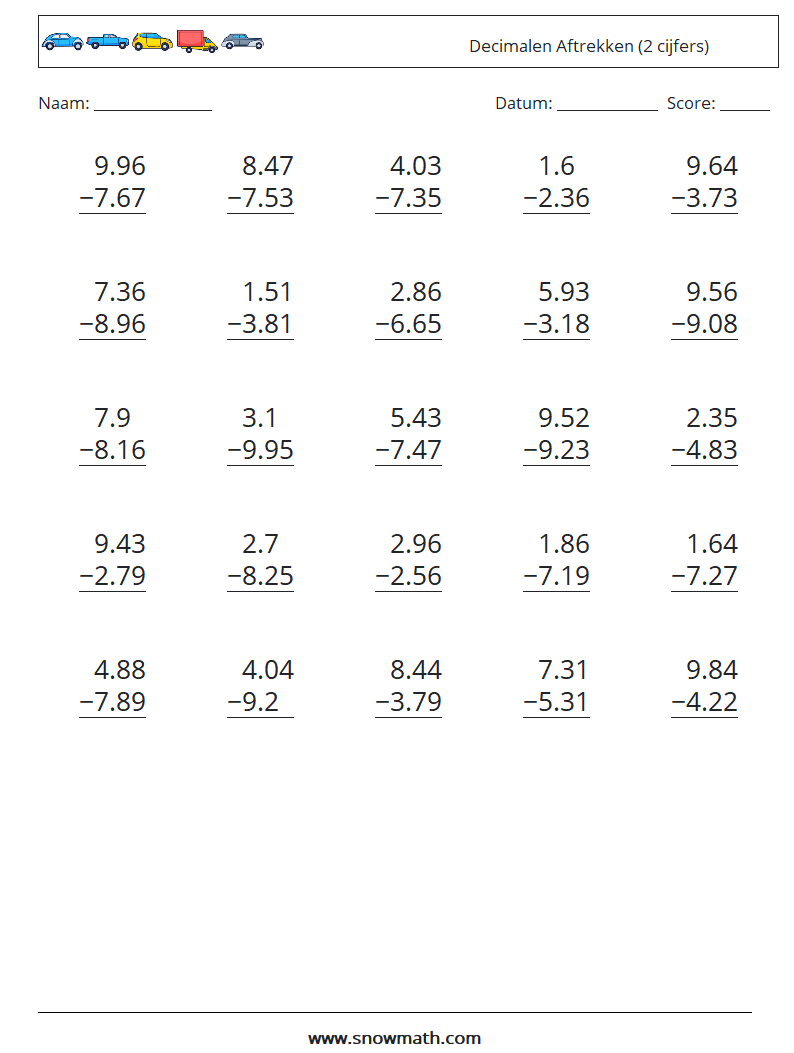 (25) Decimalen Aftrekken (2 cijfers) Wiskundige werkbladen 14